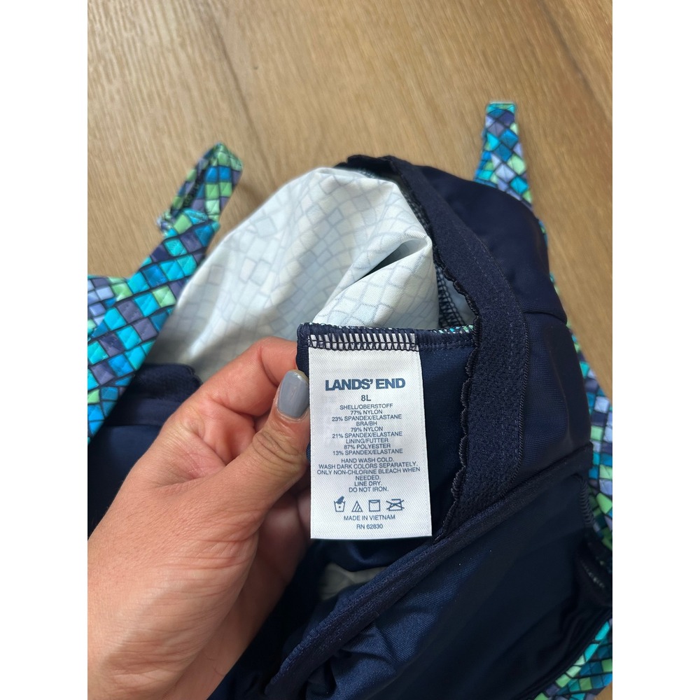 Lands End Womens 8L Blue Green Mosaic Twist Front Tankini Swim Top Long Tall - Picture 2 of 5